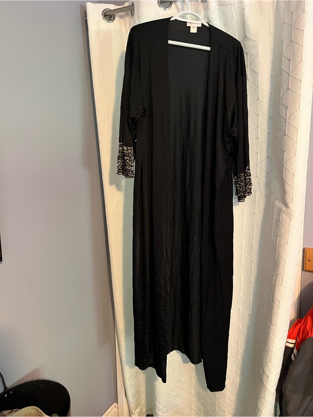 Women's Black Long Open-Front Robe with Lace Cuffs